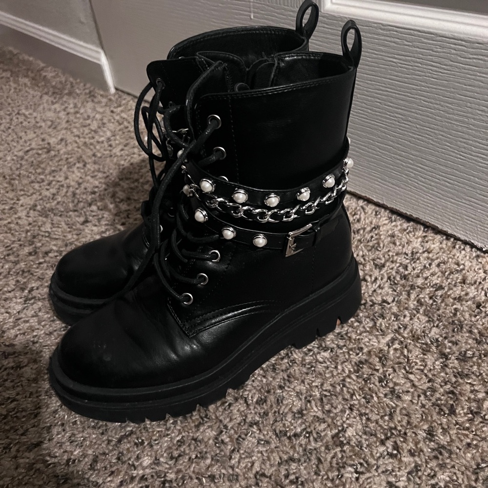 Black Leather Ankle Boots with Pearl Detailing